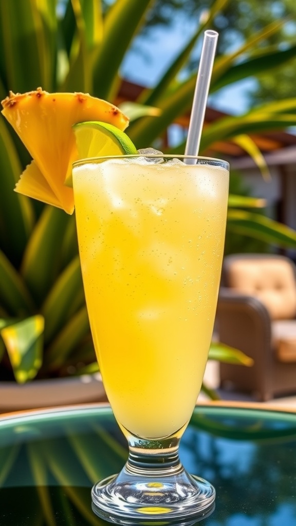 A refreshing pineapple tequila cooler cocktail with pineapple and lime garnish on a sunny outdoor table.